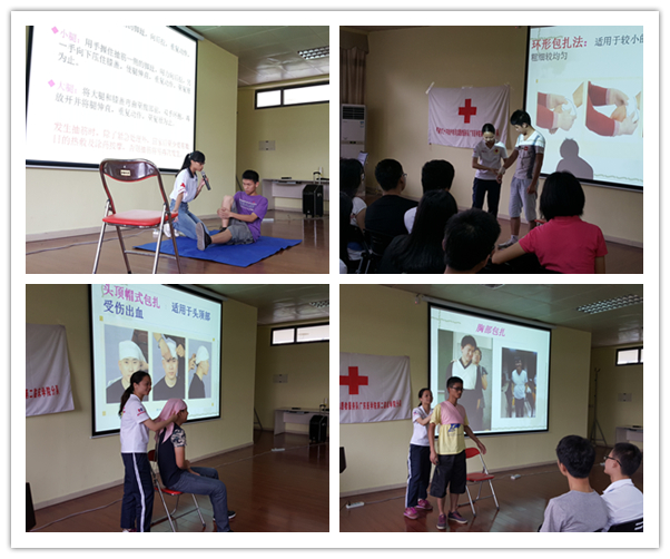 2图为：培训师邀请同学来做“模特”，演示如何进行应急处理